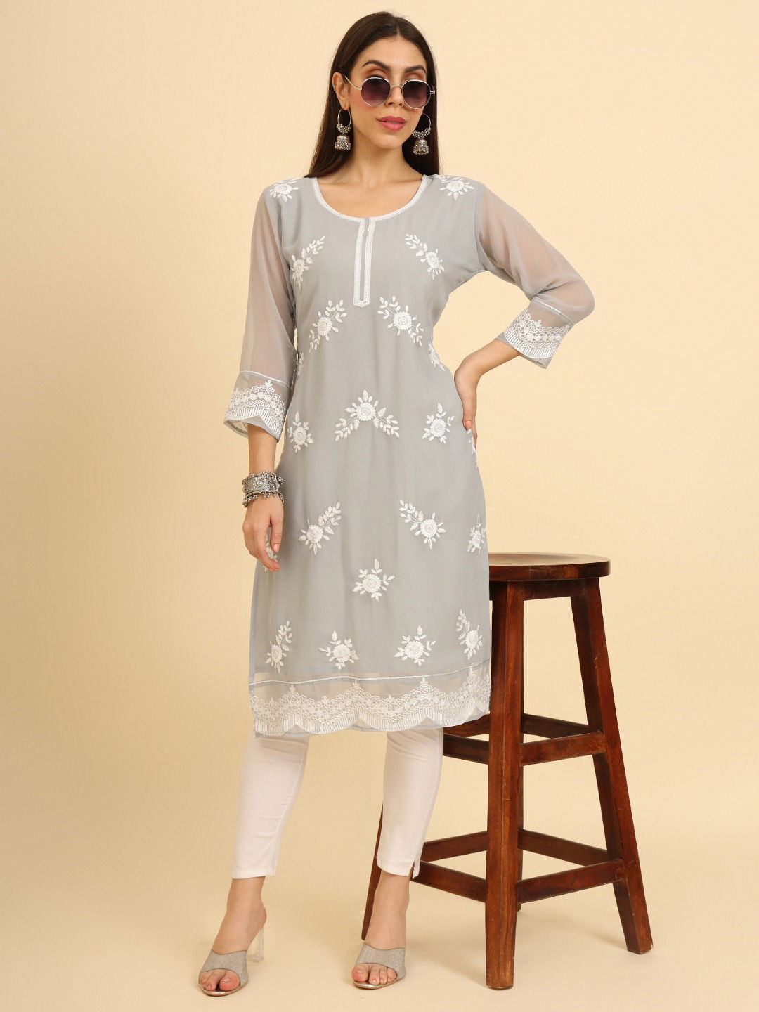 Albeli Designer Lucknowi Chikankari Work Georgette Kurtis Wholesale Shop In Surat
